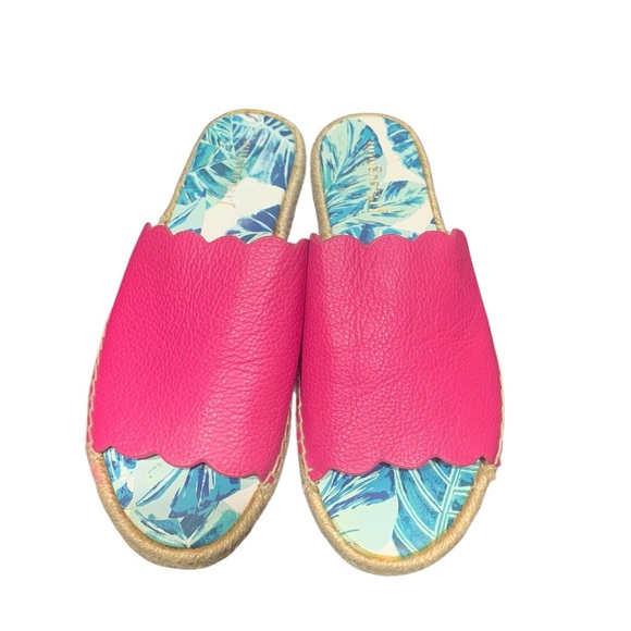 J. McLaughlin Pink Peony Tropical Aries Leather Slide Sandals sz 7.5 - Picture 3 of 12